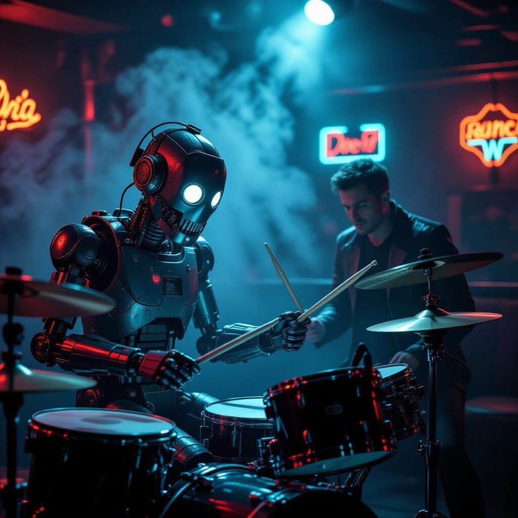 Animatronic Drummer Flees Hunter in Gritty Cyberpunk Bar