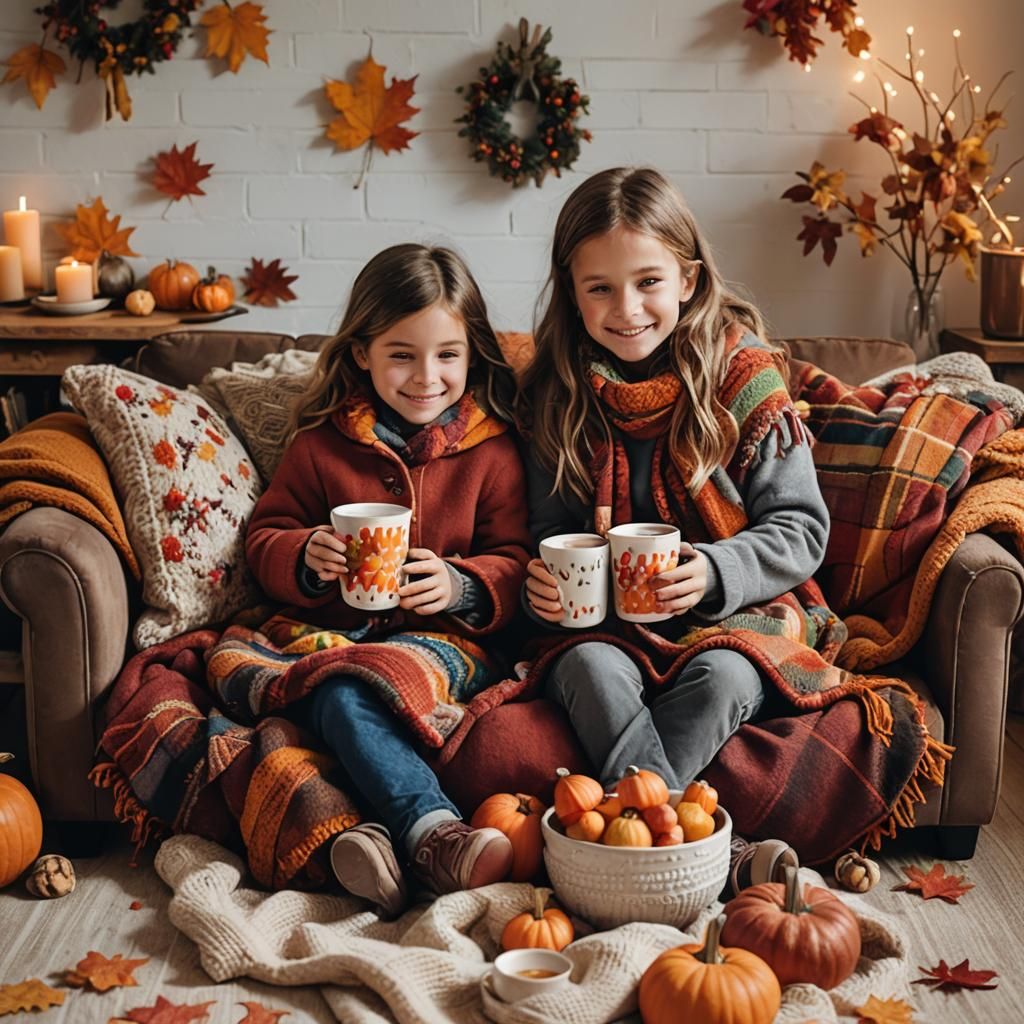 Cozy Children Enjoying Hot Cocoa on Autumn Couch