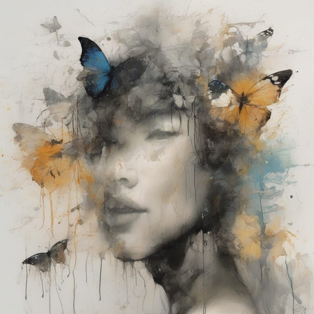 Surrealist Ink Artwork with Butterflies and Ink Splatters