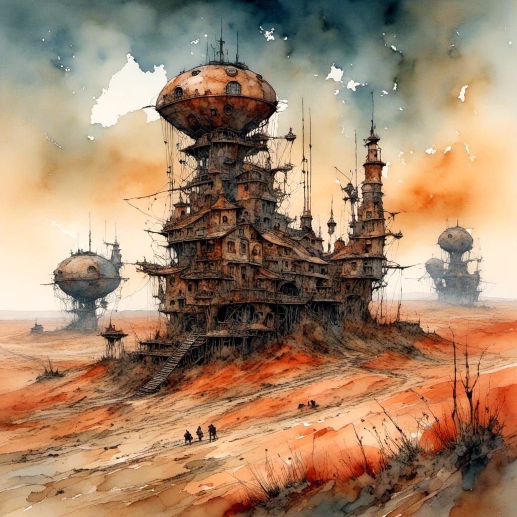 Steampunk Martian Colony with Airships