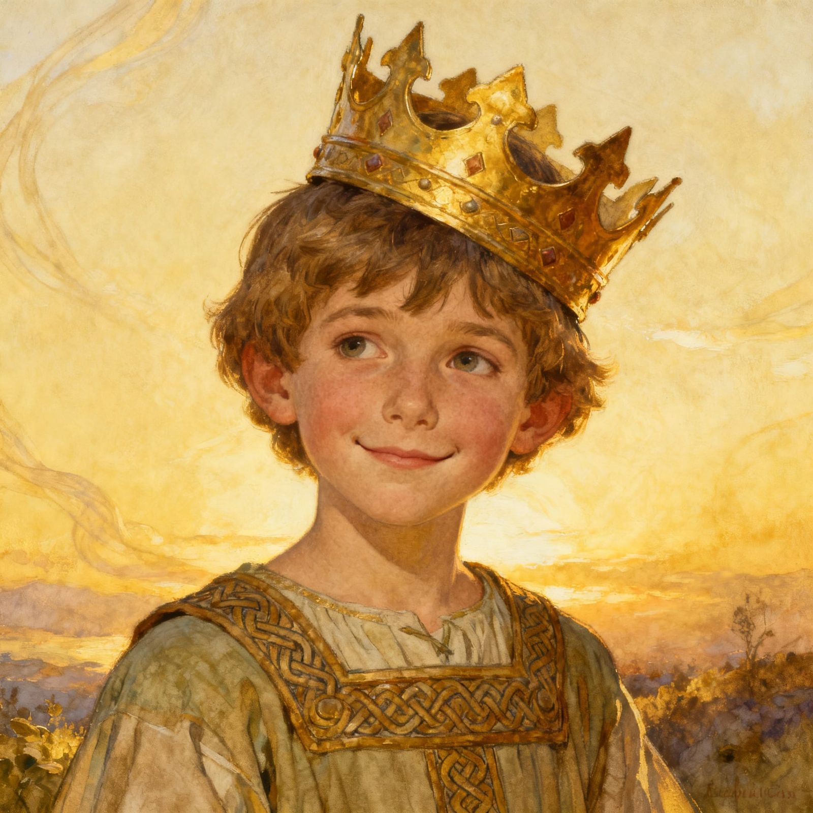Young Boy in Celtic Clothes with Oversized Golden Crown