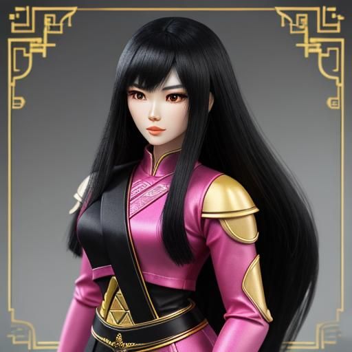 Vietnamese woman with long black hair with bangs as the pink finch gemstone power ranger 1958 doll