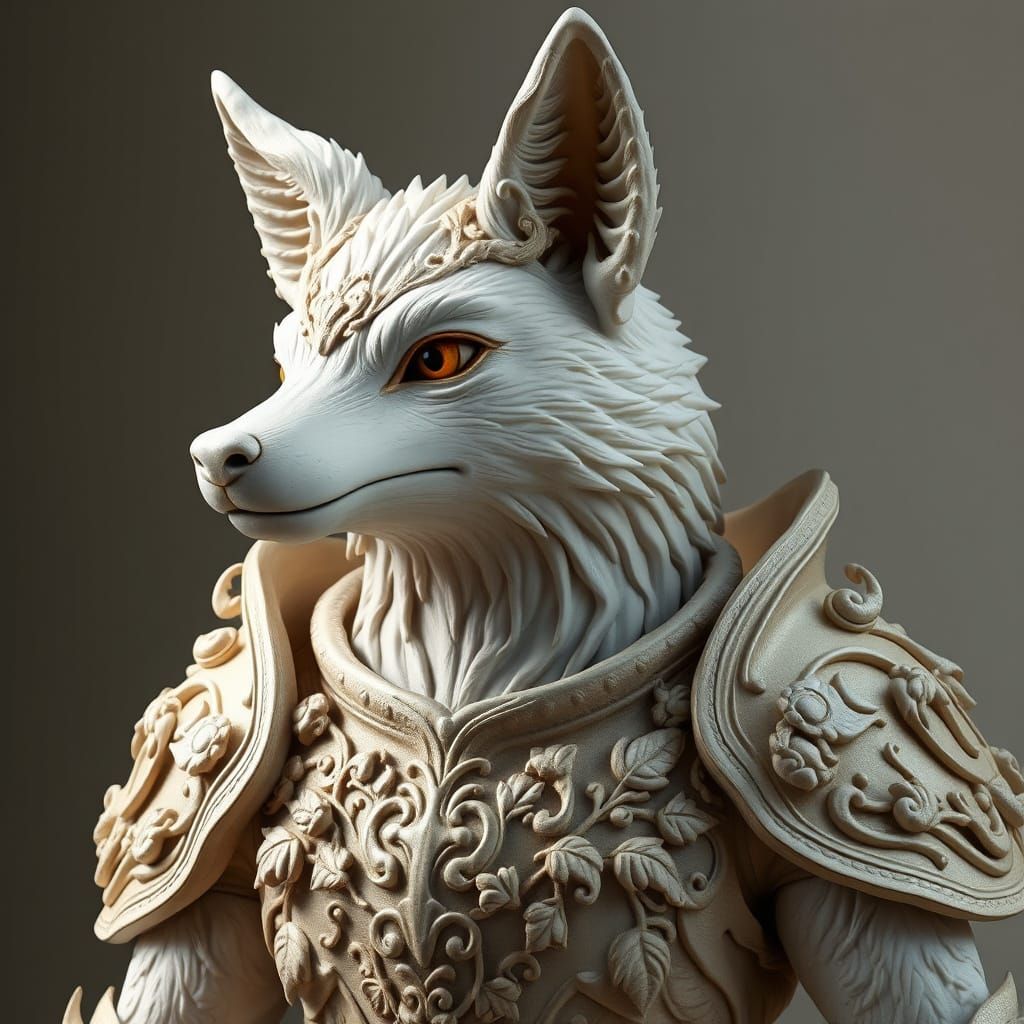 Hyperrealistic Mythical Fox-Like Creature in Ornate Armor