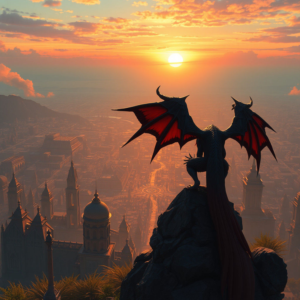 Winged Creature Gazes Upon Sunset Cityscape