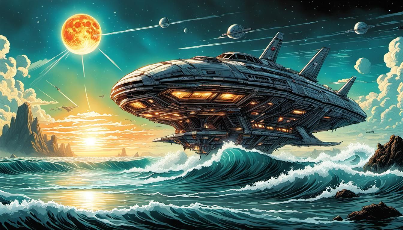 Starship Emerges on Alien World in Comic Book Style