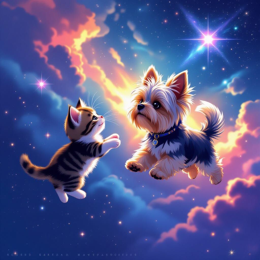 Kitten and Yorkie Fly to Stars in Cosmic Anime Style
