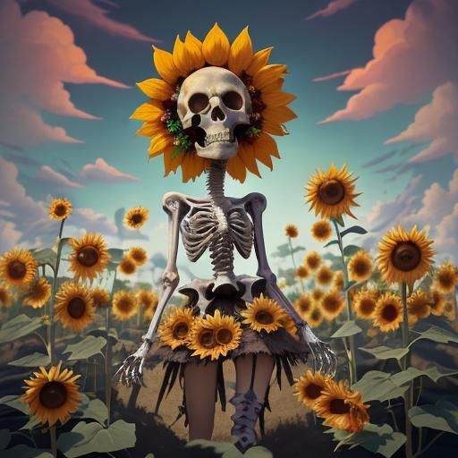 Sunflowers Bloom From Skulls: Whimsical Dark Fantasy Art