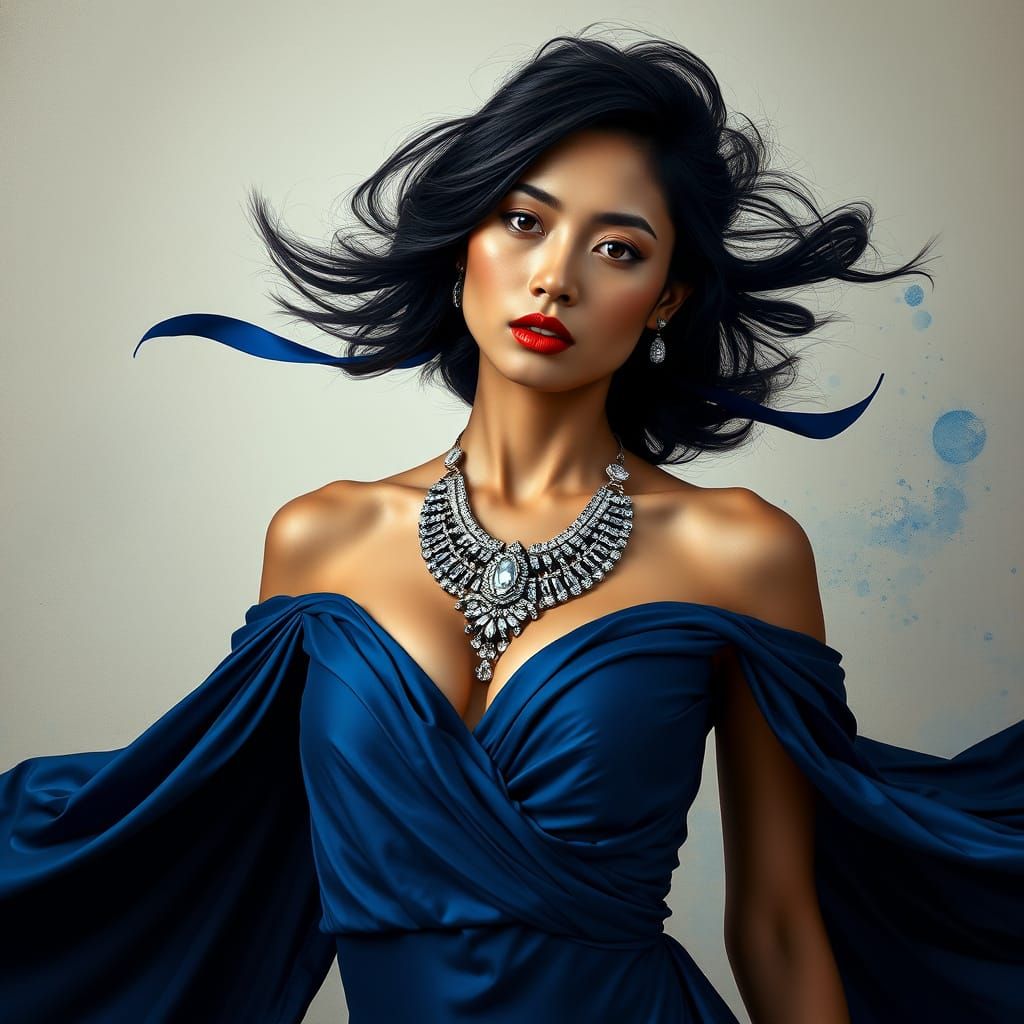 Elegant Dark-Haired Woman in Royal Blue Gown