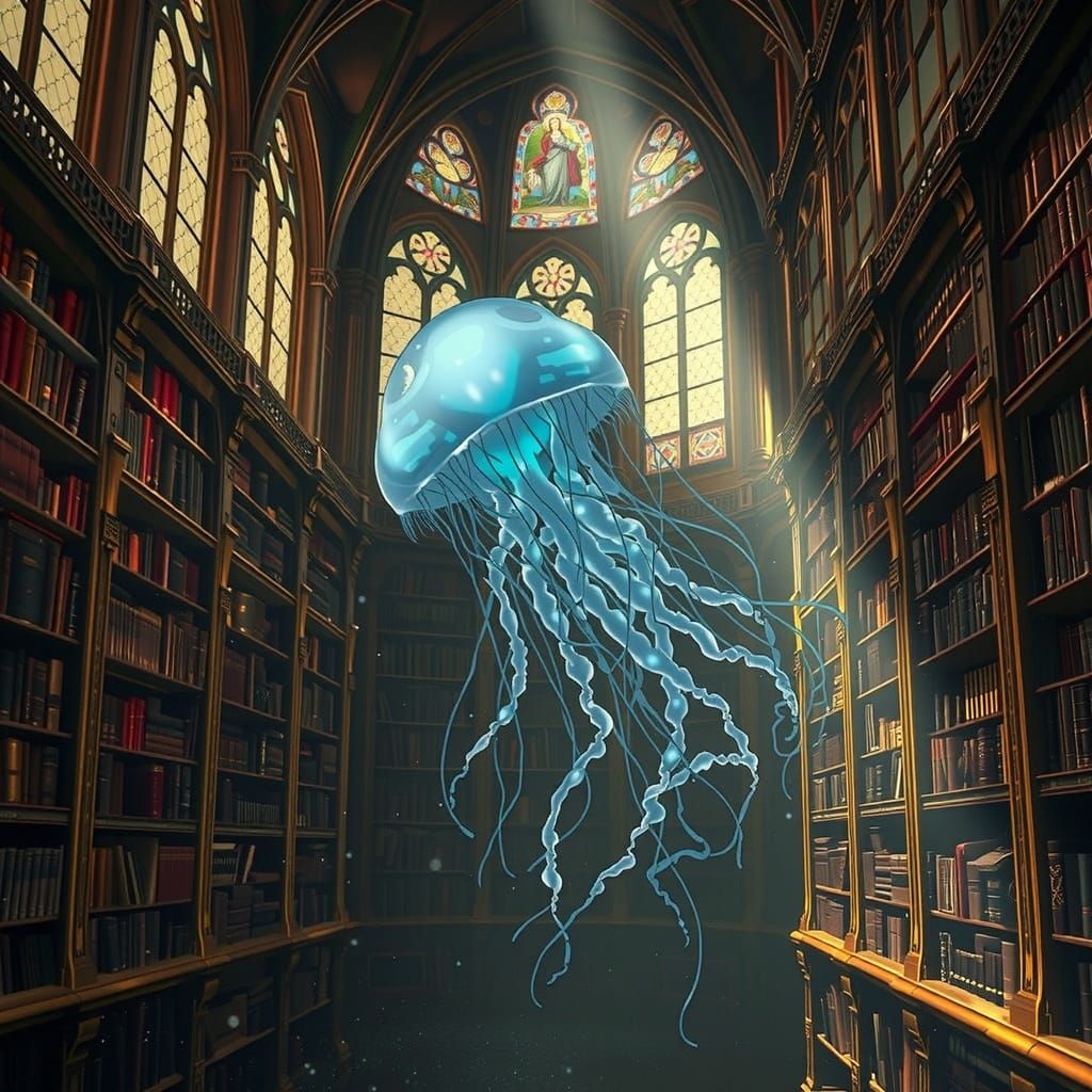 Bioluminescent Jellyfish in Grand Library, Soft Lighting
