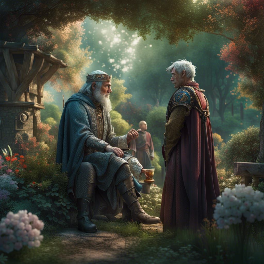 King Arthur and Merlin in Enchanted Garden, Fantasy Art