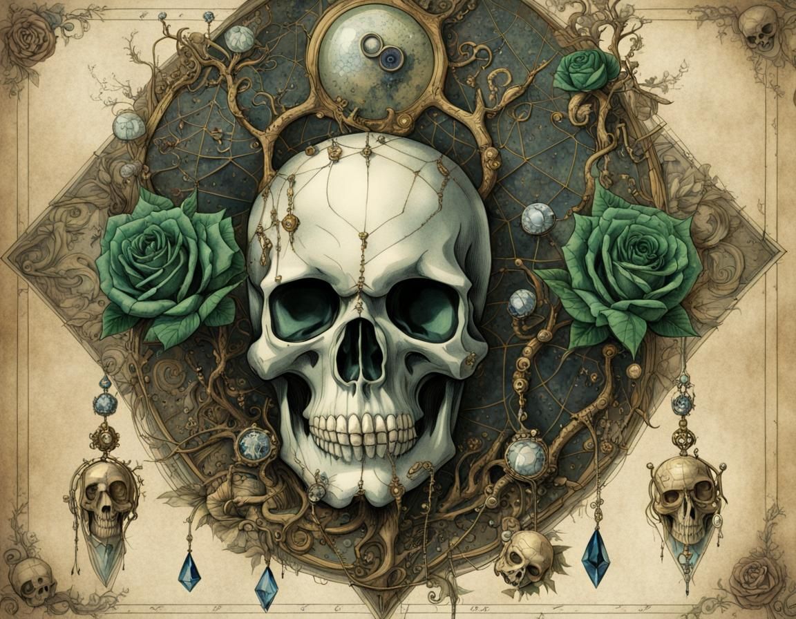 Steampunk Skull with Sapphire Jewelry Watercolor