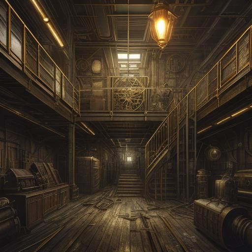 Steampunk Engine in Abandoned Factory Concept Art