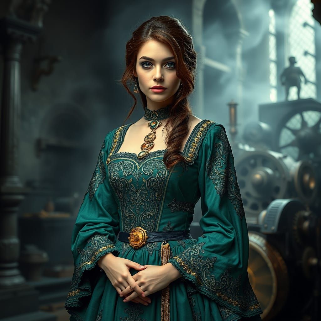Steampunk Woman in Medieval Dress, Monochrome Castle