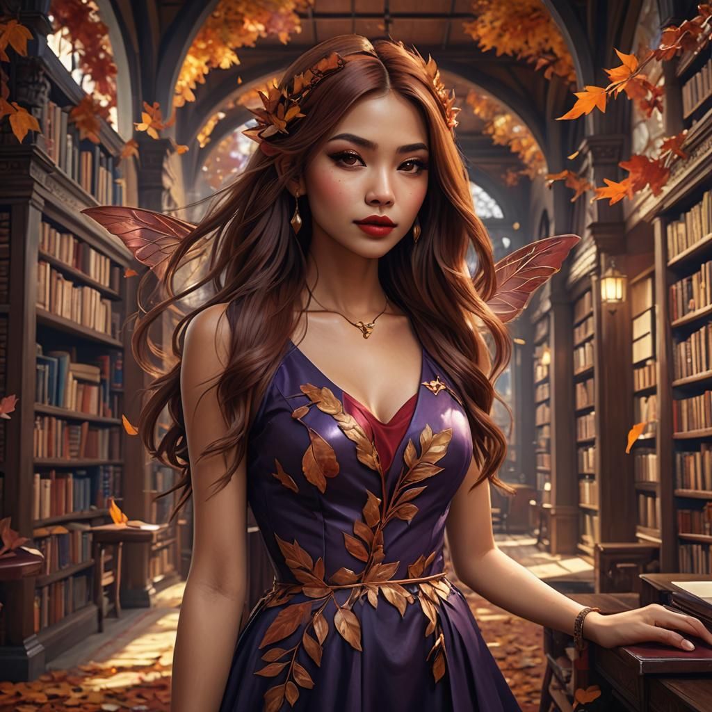 Auburn-Haired Woman with Fairy Wings in Library