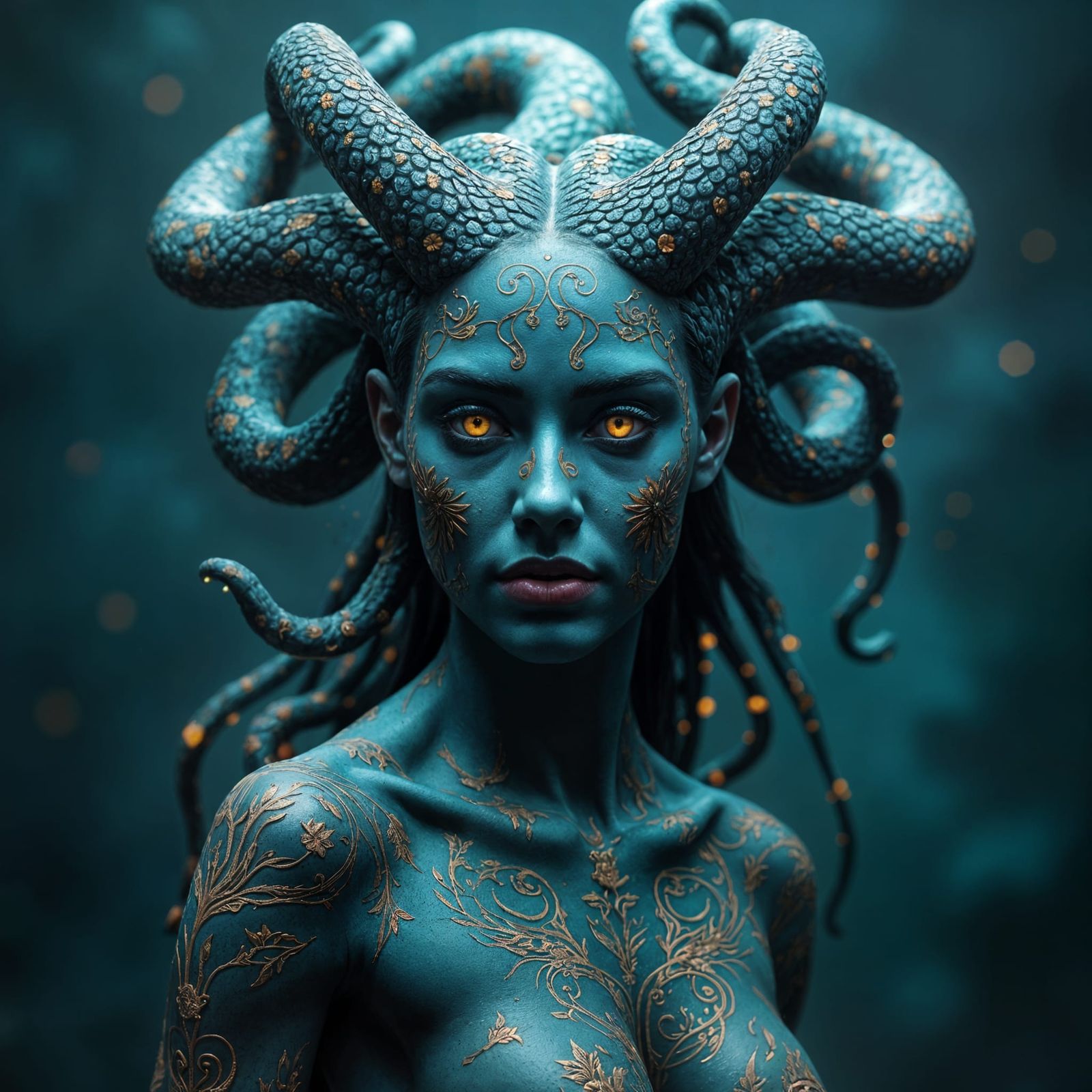 Tattooed Medusa: Detailed Matte Painting in Deep Color