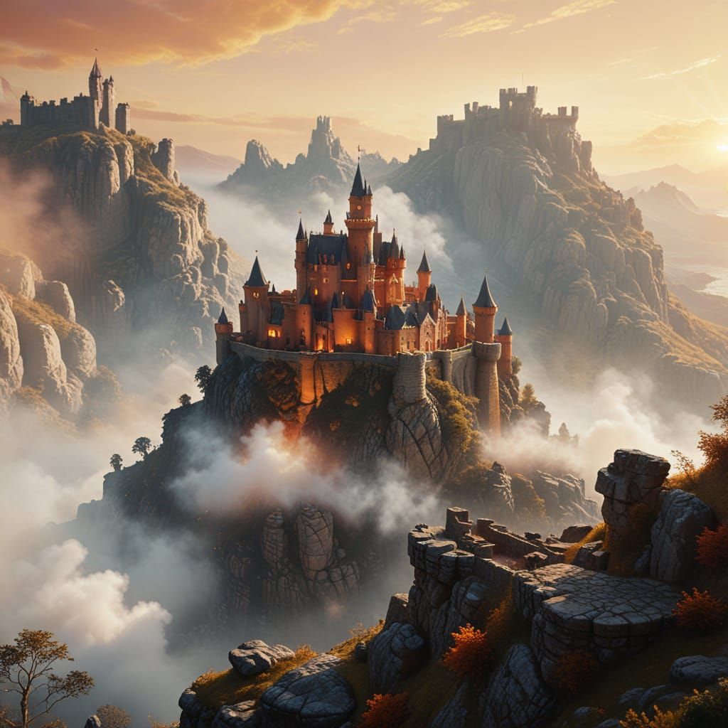 Fantasy Castle on Cliff at Sunset, Photorealistic