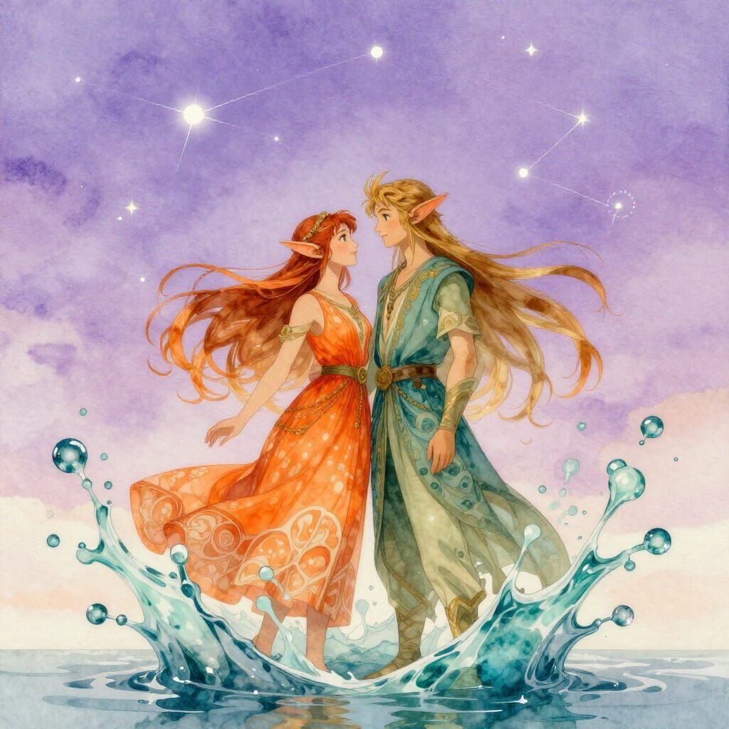 Elf Couple Constellation in Lilac Sky Watercolor