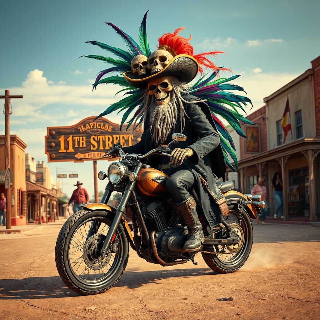 Grungy Cowboy Skeleton Biker Rides into Mardi Gras Mayhem