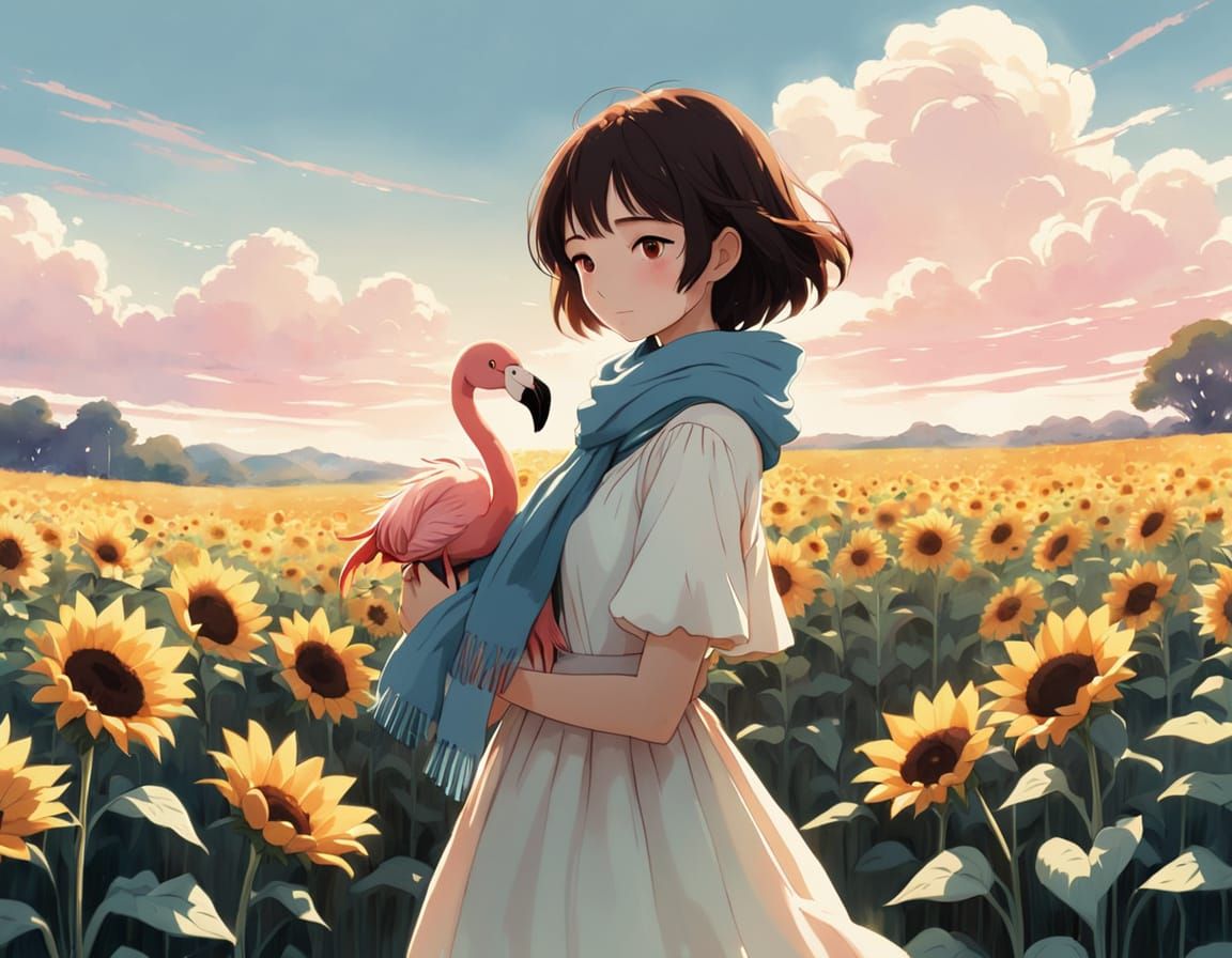 Whimsical Anime Girl Hugs Flamingo in Sunflower Field