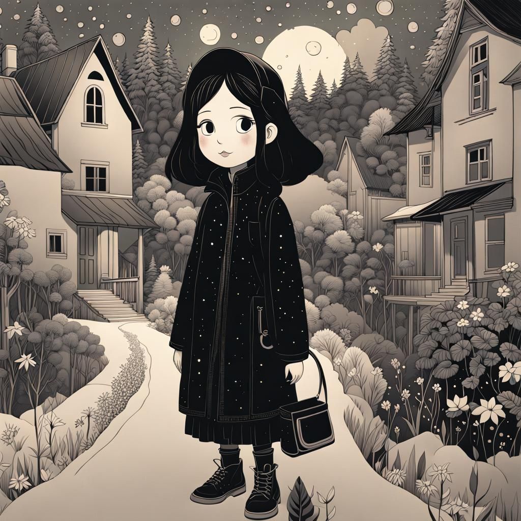 Floating Forest in Starry Night: Detailed Monochrome Illustr...