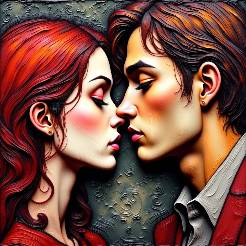 Passionate Embrace in Impasto Acrylic Portrait