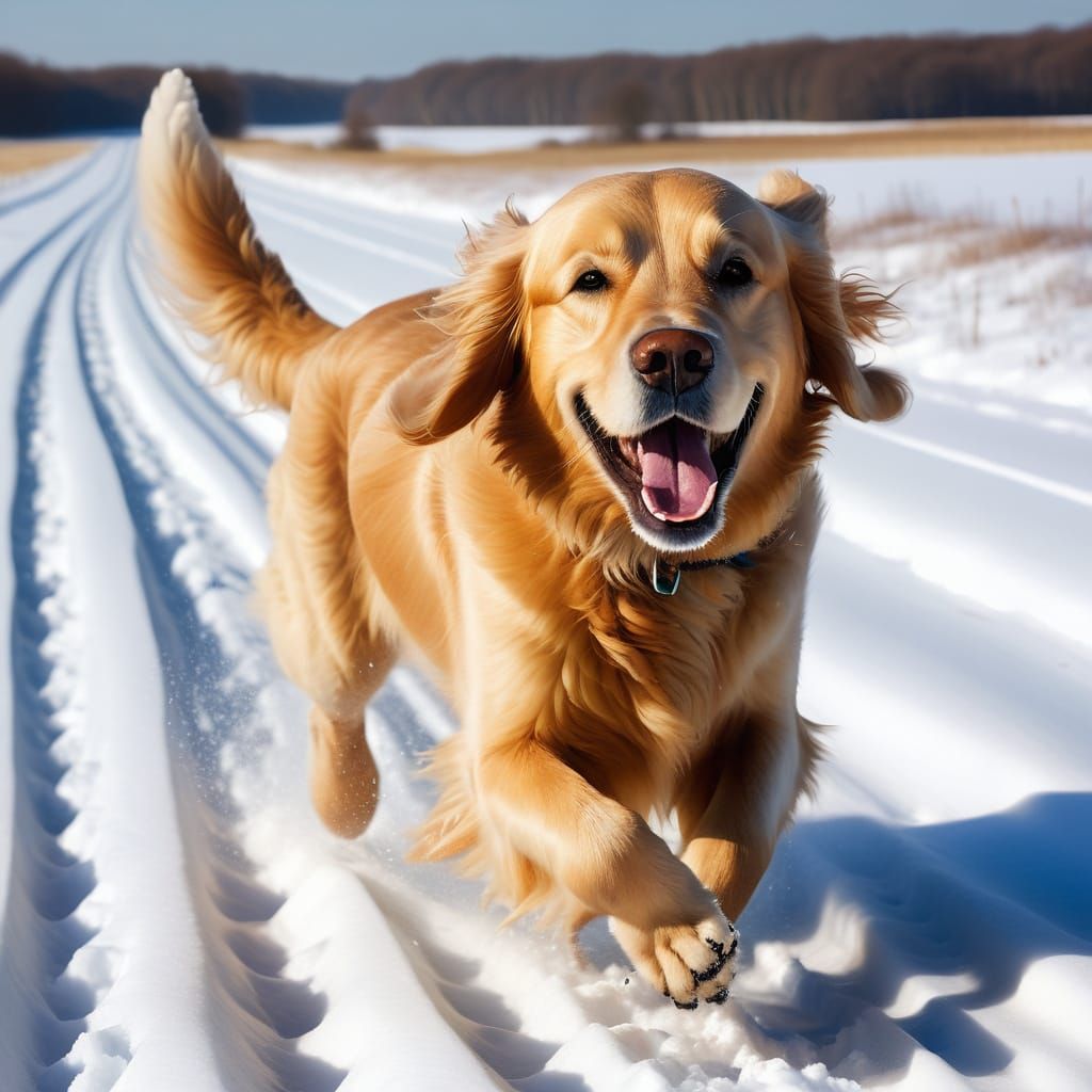 A golden retriever joyfully dashing through a snowy field in winter, snow flying everywhere. Oil on Canvas, Edwin Landse...