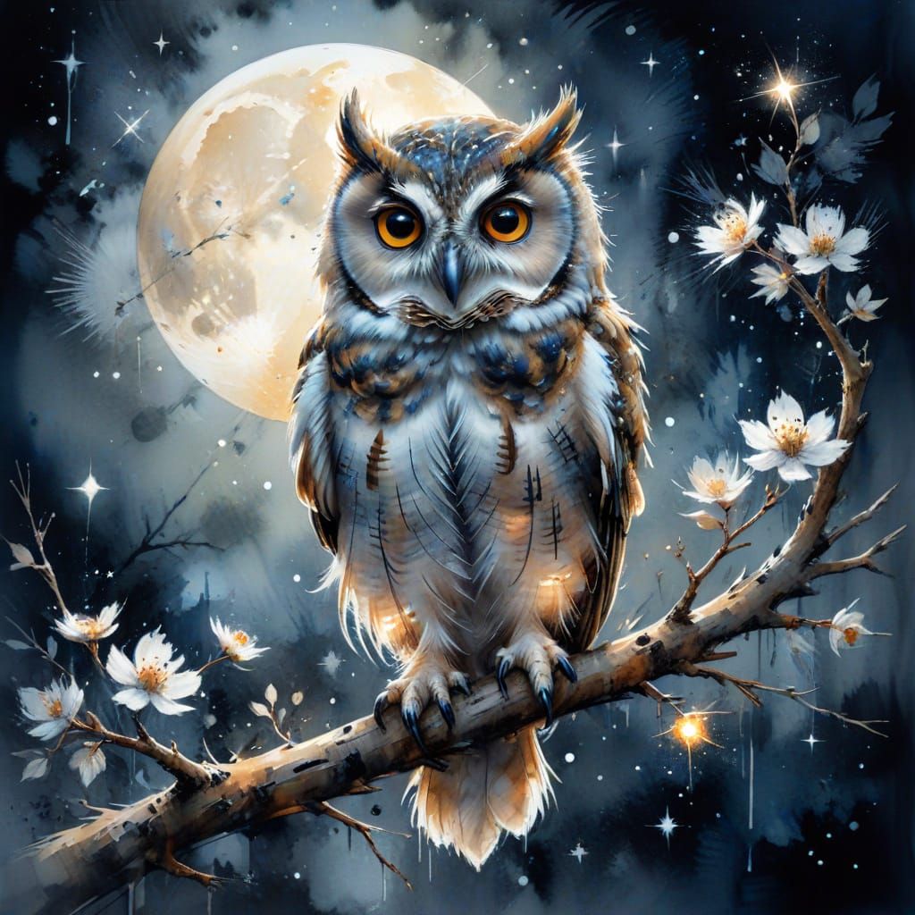 Baby Owl on Branch in Moonlit Night, Watercolour Painting