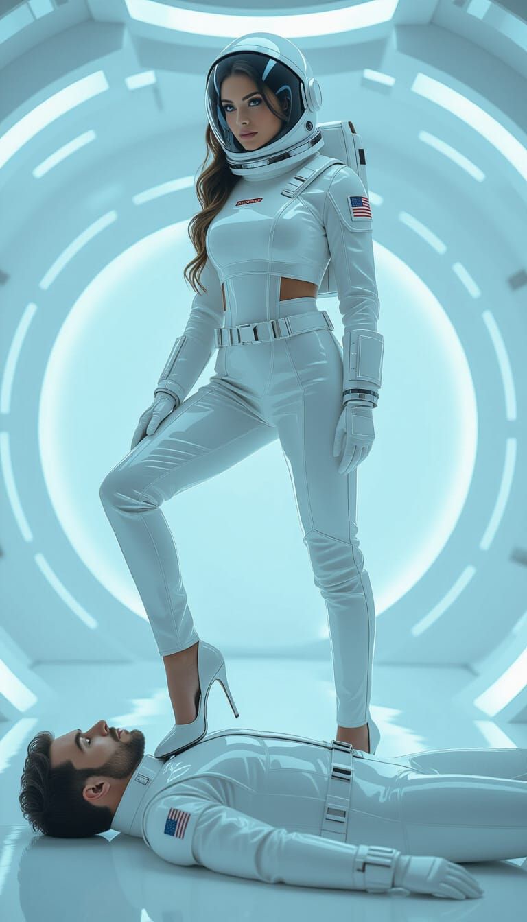 Astronaut Woman Stands on Man's Chest in Photorealistic Styl...