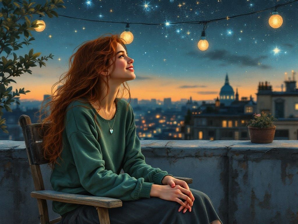 Woman and Man Gaze at Starry Night Sky in Colored Ink Drawin...