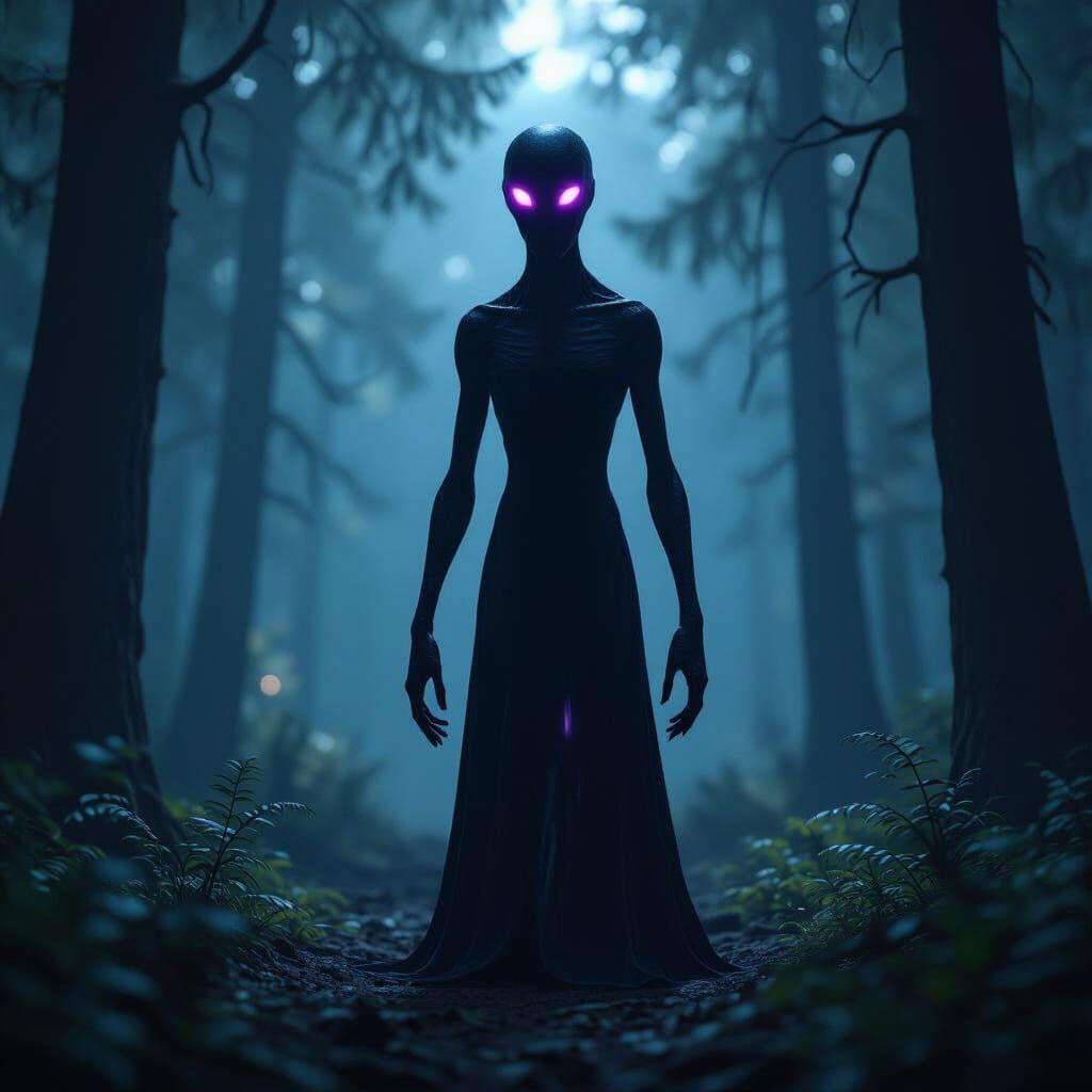 Hyperrealistic Enderman in Dark Forest at Night