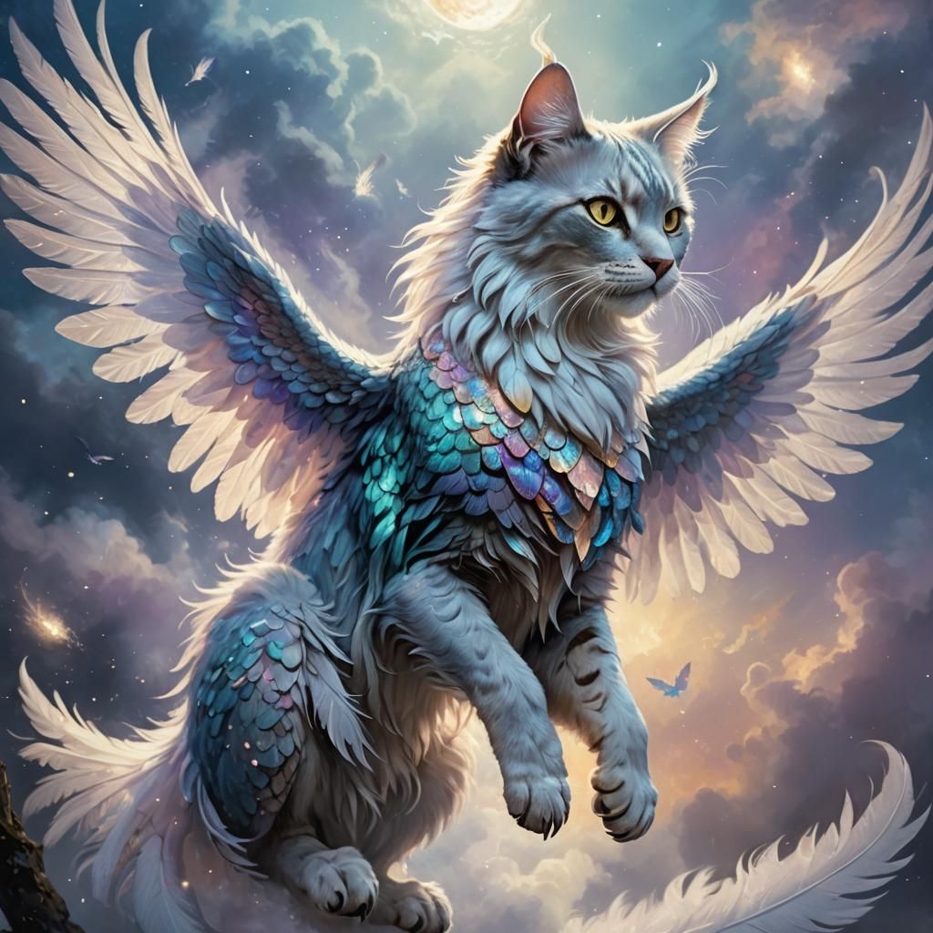 Winged Feline-Humanoid Hybrid Soaring in Ethereal Moonlit Sk...