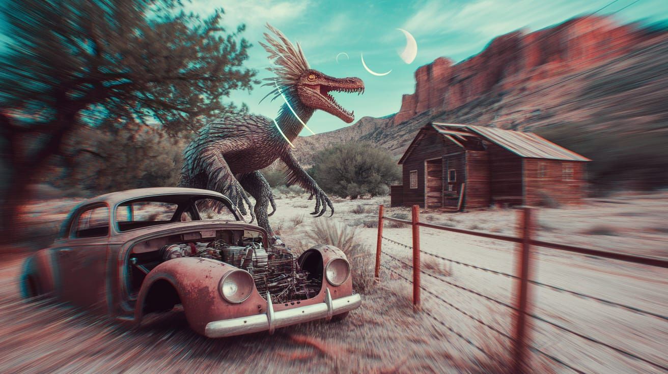 Prismatic Lunar Eclipse with Dinosaur in Canyon