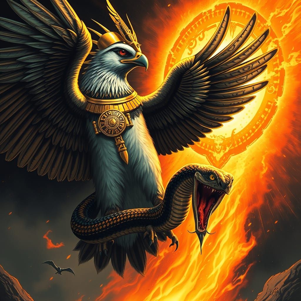 Falcon of Horus and Ra Throws Snake into Sun