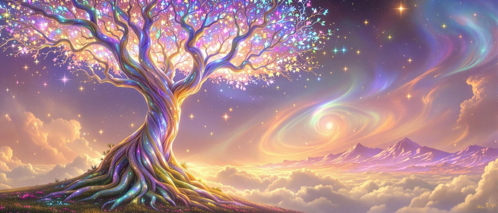 Surreal Tree Pierces the Dreamlike Sky in Vibrant Iridescent...