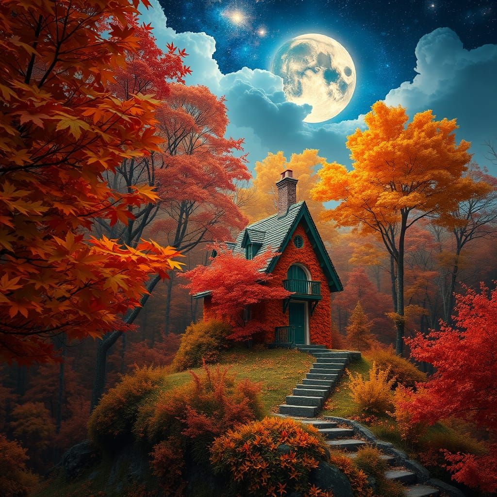 Whimsical Cottage in Autumnal Nebula Dreamscape