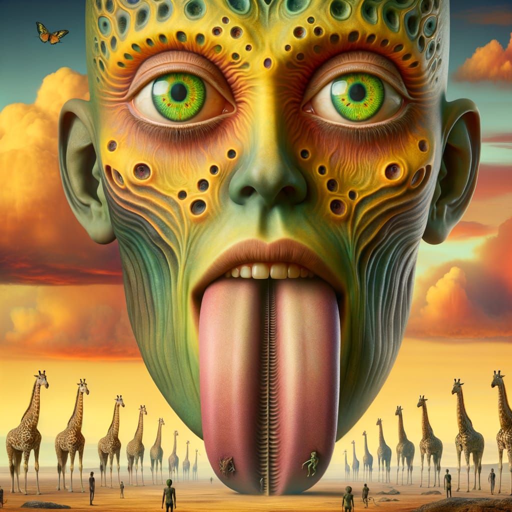 Surreal Colossal Head with Hybrid Eyes and Towering Tongue