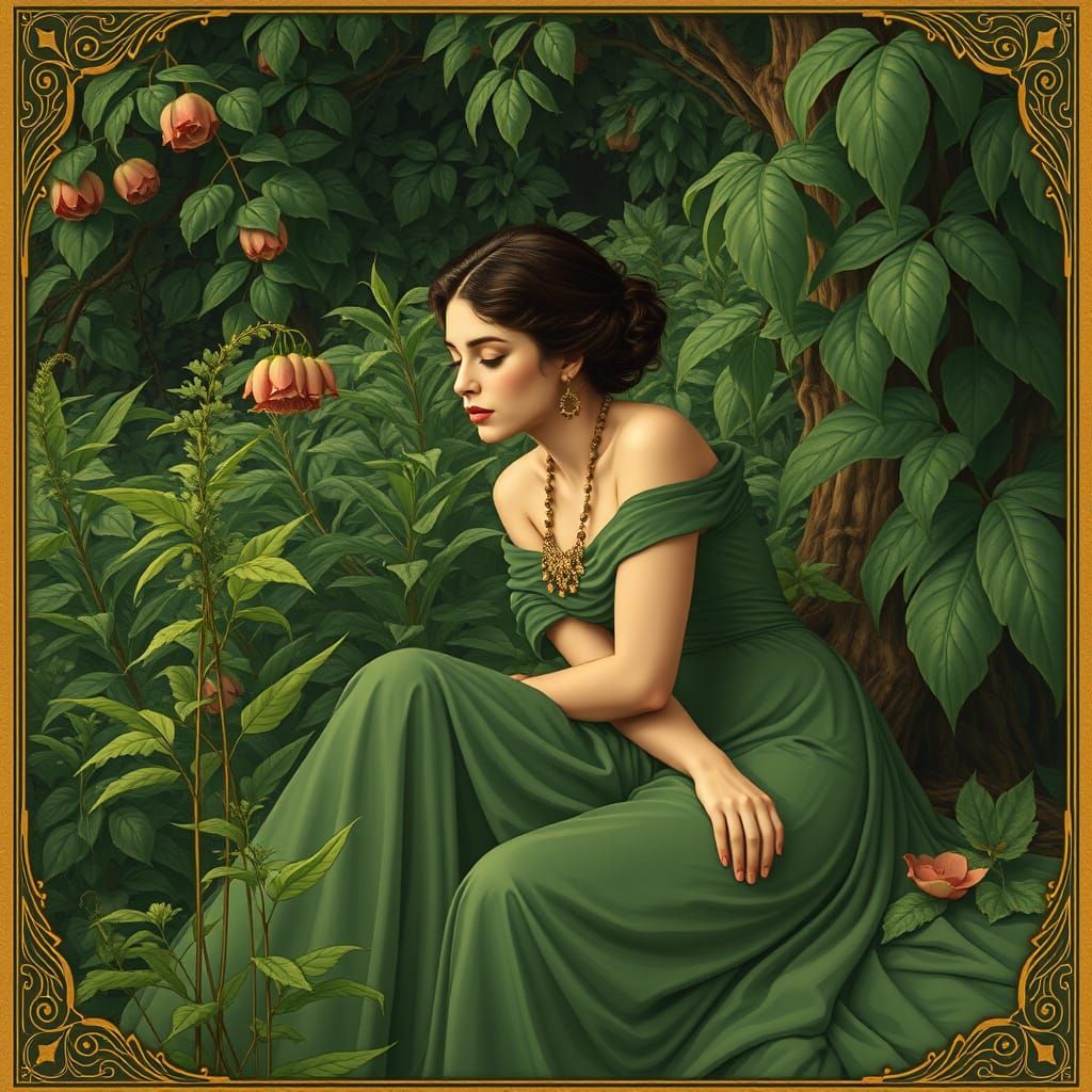 Elegant Woman in Lush Greenery, in Art Nouveau Style