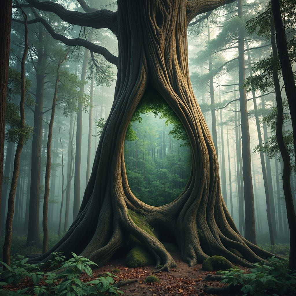 Surreal Forest Scene with Infinite Portal to Identical Realm