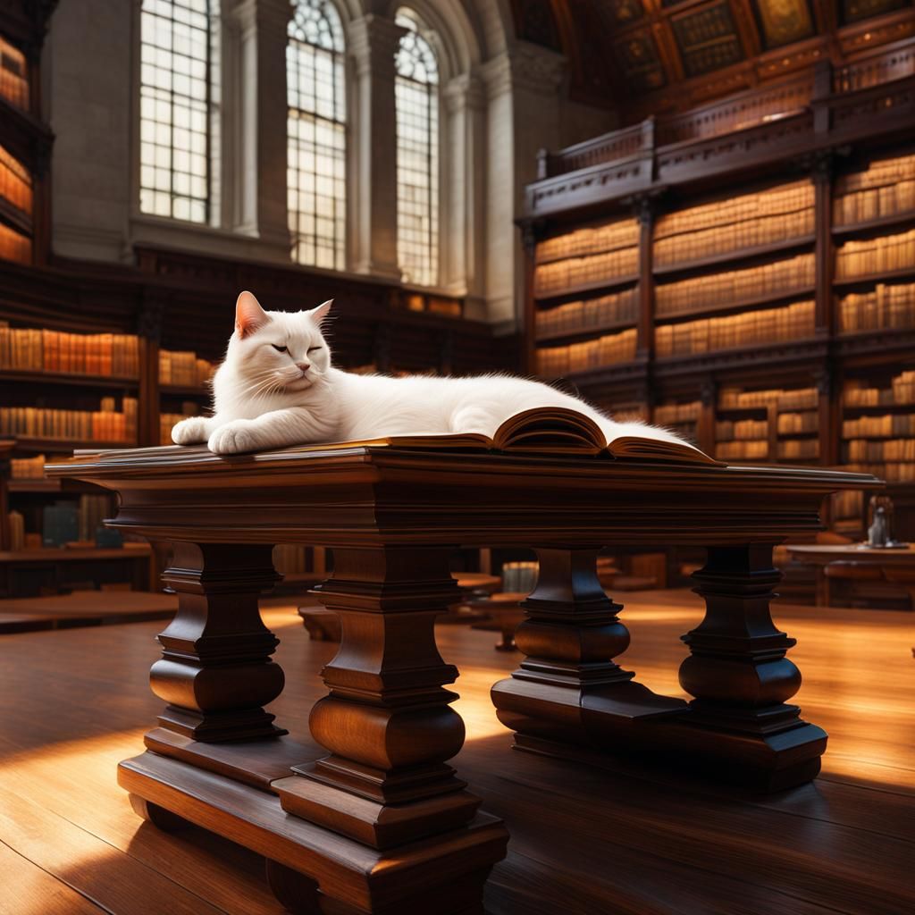 Cat Nap in Library: Waterhouse-Inspired Art