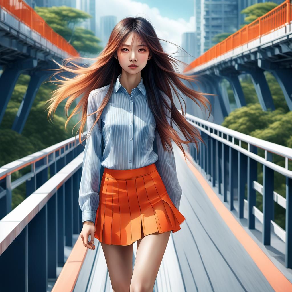 Hyperealist Digital Art of a Woman Walking on Elevated Walkw...