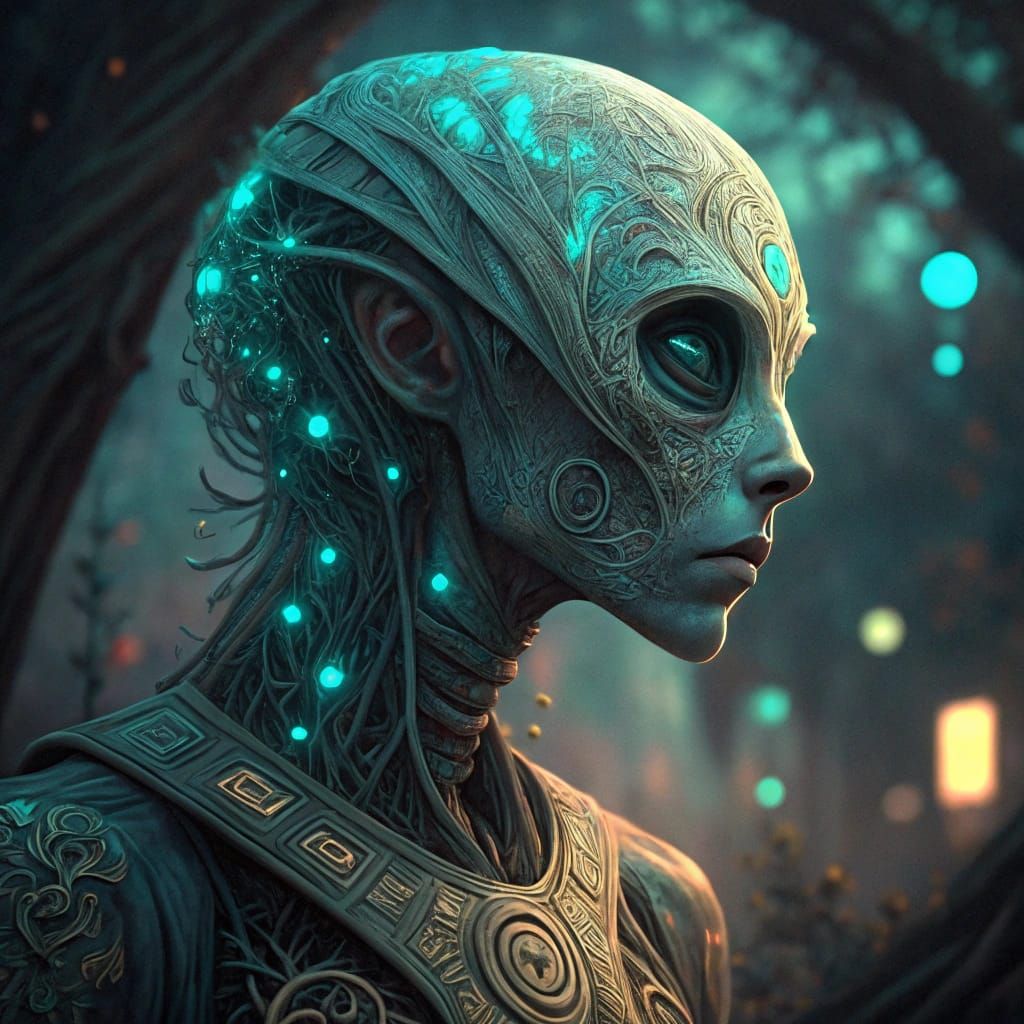 Ethereal Alien Goddess with Binary Cipher Tendrils