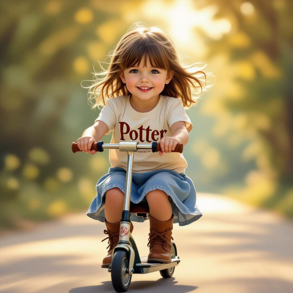 Joyful Girl in Potter Shirt Flies Scooter in Dreamlike Light