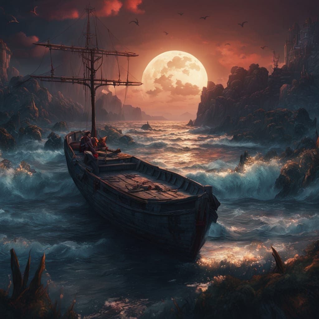 Vampire Summer Night by the Sea in Detailed Matte Painting