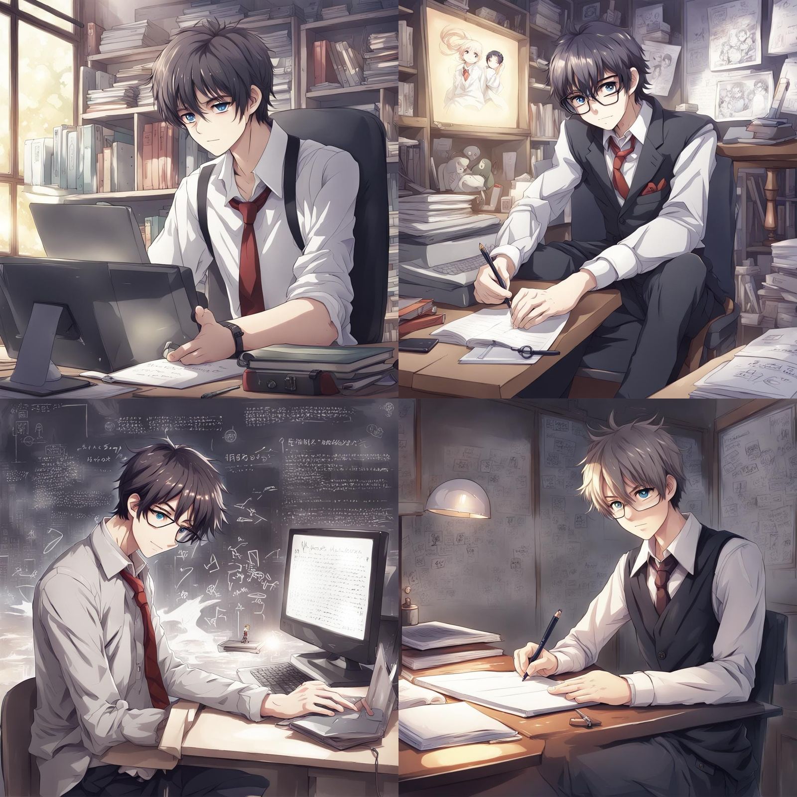 Anime Style Student Writing Thesis on AI