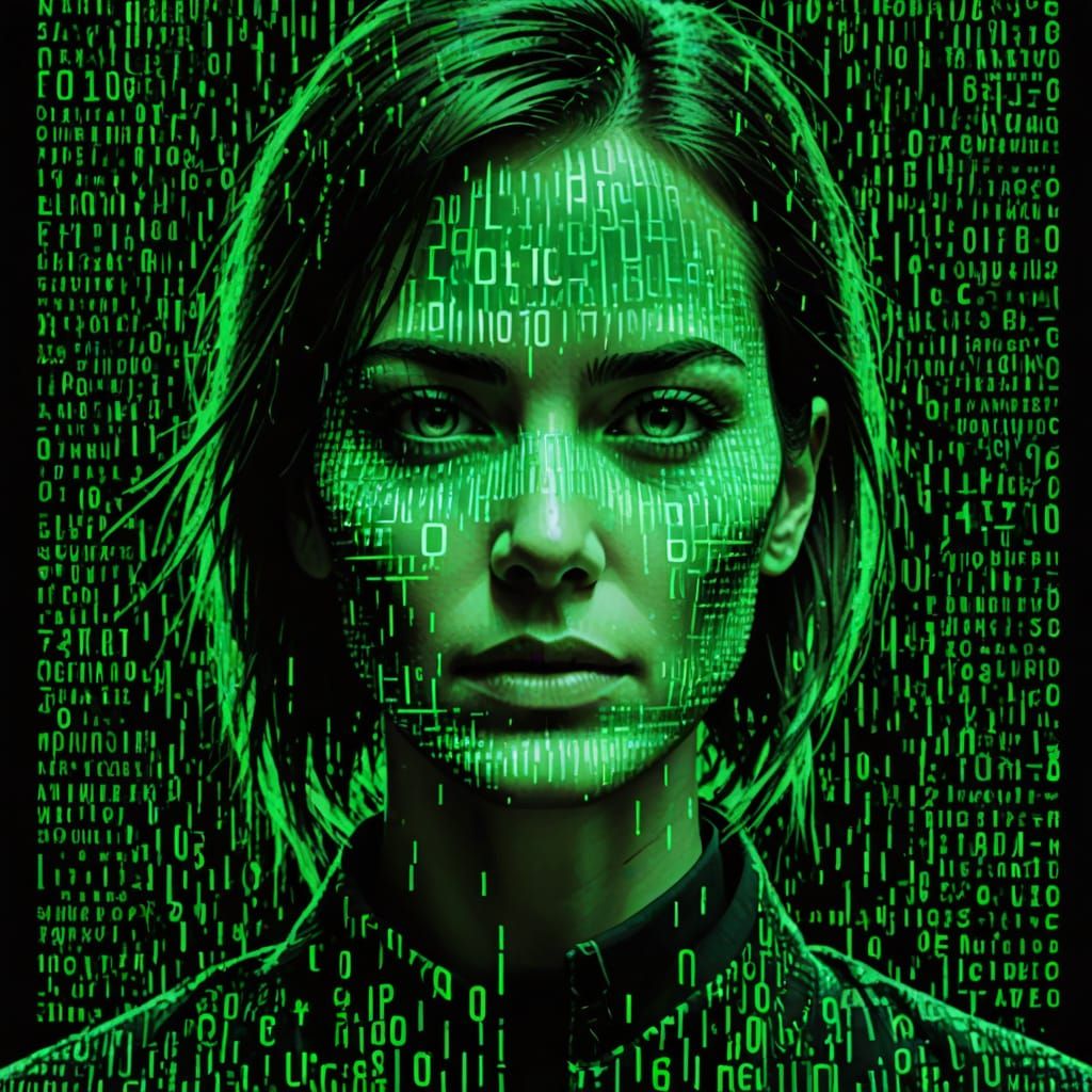 Matrix style Concept female Portrait in Binary acsii art starscape made from letters and fonts in rainbow tones, overlay...