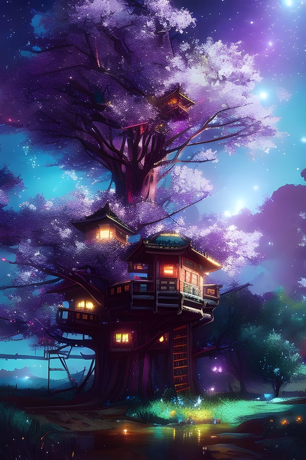 Fantasy Treehouse Under Starry Sky, Detailed Oil Painting