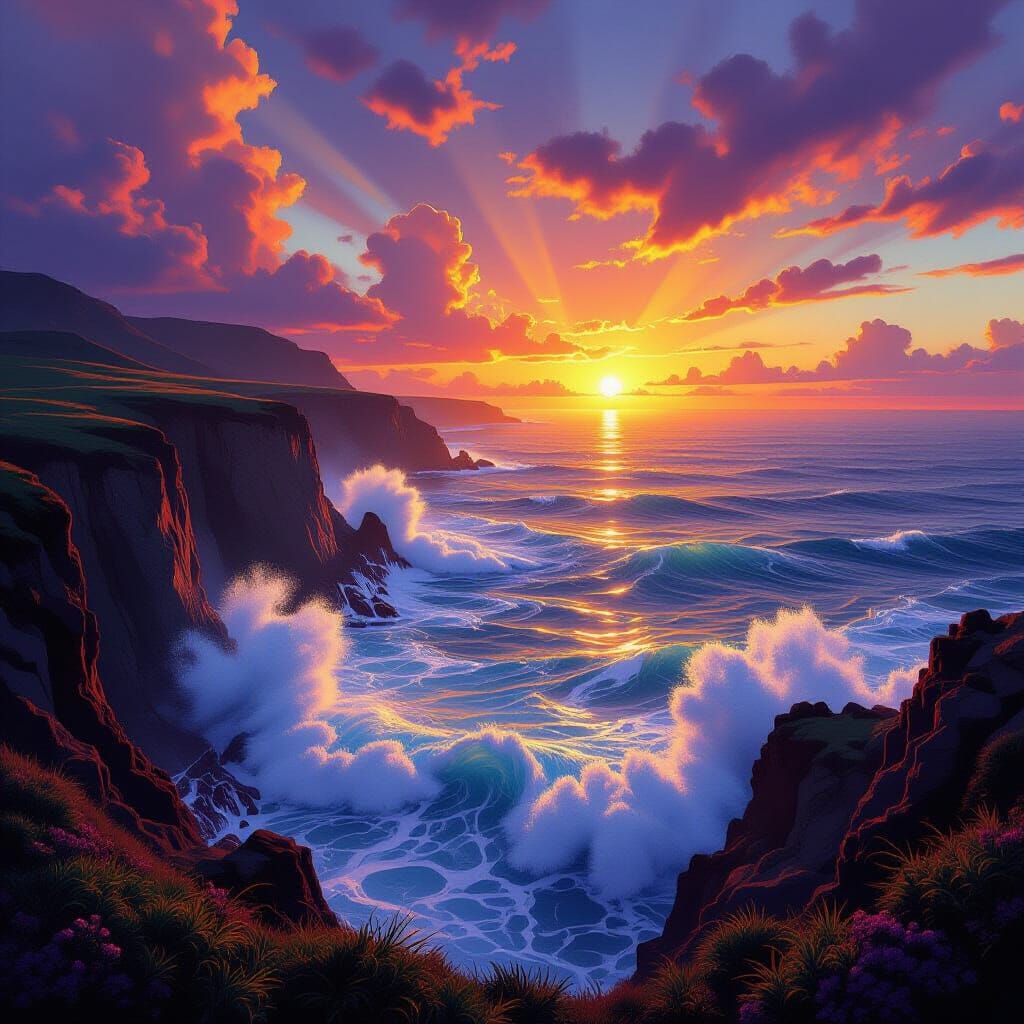 Dramatic Coastal Sunset Over Crashing Waves