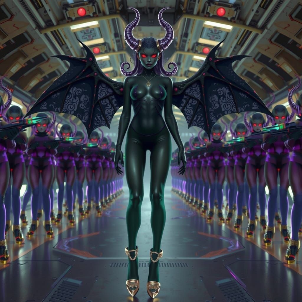 Demon General Leading Battalion in Futuristic Spaceship