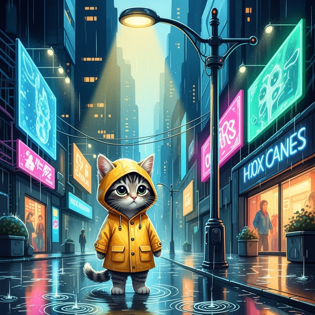 Kitten in Raincoat Under Neon Streetlamp, Watercolor Style