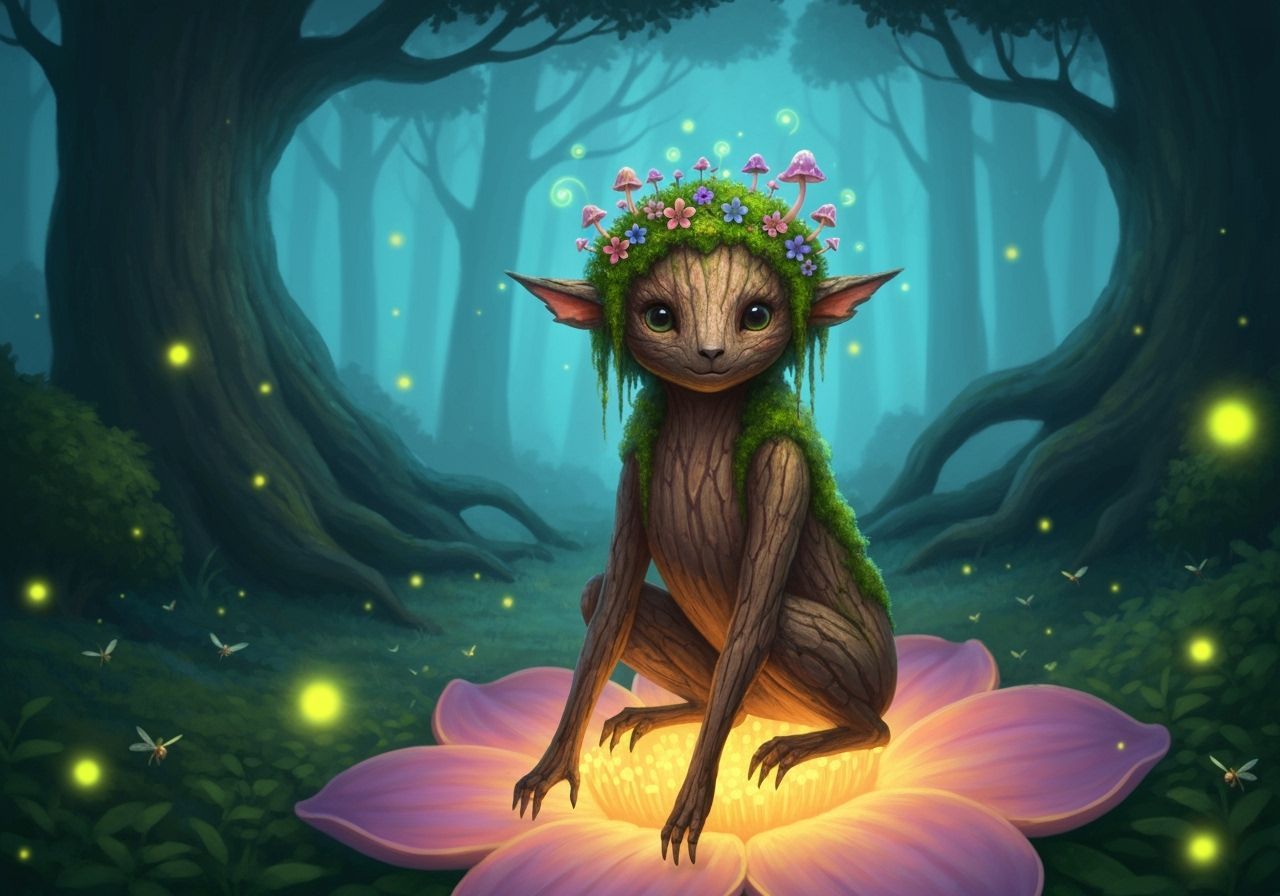 Enchanted Forest Sprite with Flower Crown and Glowing Mushro...